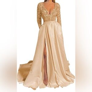 Glamorous Long Sleeve Gold Evening Dress